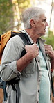 Hiking, senior man and walking in woods for holiday adventure, explore nature and fresh air. Backpacker, trekking journey and backpack in forest with sightseeing, weekend trip and retirement wellness