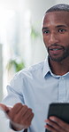 Man, doctor and consulting patient with tablet for diagnosis, prescription or side effects at clinic. Male person, medical professional or talking with client on technology for dosage, list or advice