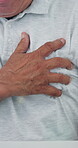 Heart attack, hands and pain with chest of old man for medical emergency, high blood pressure and risk. Cardiac arrest, stroke and healthcare crisis with closeup of senior person for hypertension