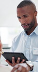 Empathy, man and doctor with patient, tablet and explaining results of test, clinic or digital records. Hospital, medical professional and senior person with tech for diagnosis, healthcare or support