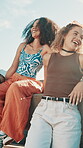 Relax, students and fashion with friends in city for youth, gen z future and streetwear style. Happiness, social and culture with group of people outdoor for community, college campus and smile