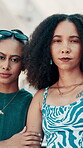 Outdoor, face and fashion for women, friends and confident for streetwear in city, bonding or hangout. Urban, people and stylish with clothes on reunion, relax or girls with trendy outfit in New York