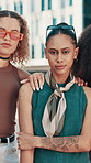 Face, group and women for fashion in city with streetwear, edgy clothes and trendy style for travel. Portrait, friends and confident with swag, urban outfit and unique cosmetics and bonding together