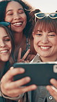 City, peace and friends with selfie for fashion, trendy clothes and confidence with sunglasses for post. Smile, wink and women with photography for style, bonding and profile picture on social media