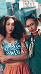 City, confidence and face of friends for fashion, trendy clothes and group of people with sunglasses. Urban, women and gen z attitude in portrait for stylish outfit, bonding and cosmetics in New York