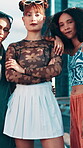 Face, people and pride for fashion in city with streetwear, edgy clothes and trendy style for travel. Portrait, friends and confident with swag, urban outfit and unique cosmetics and bonding together