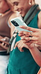 Girl, hands and typing with phone outdoor for text message, dating site chat and social media post. Closeup, friends and people with smartphone for web notification, networking and search information