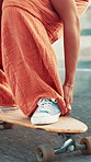 Legs, skateboard and flare with smoke on road in city with speed, extreme sports and shoes on bridge. Person, feet and skater with streetwear, fast and balance in urban town for adventure in USA
