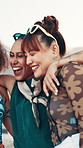 Hug, students and fashion with friends in city for youth, gen z future and streetwear style. Happiness, social and culture with group of people outdoor for community, college campus and smile