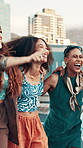 Walking, students and fashion with women in city for youth, gen z future and streetwear style. Happiness, social and culture with group of people outdoor for community, college campus and smile