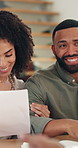 Happy couple, document or meeting with financial advisor for agreement or finance proposal at home. Man, woman or consultant with paperwork for discussion, budget plan or mortgage settlement at house