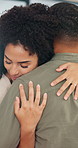 Home, dancing and couple with smile, hug and love for celebration and anniversary. Apartment, commitment and man with woman for marriage, romance and support with relationship or embrace in house