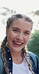 Hiking, selfie and face of woman with smile for social media, travel influencer and online post. Happy, nature and portrait of person for trekking, adventure and explore for fitness or exercise