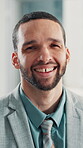 Corporate, face and man with smile, office and broker with pride for career growth, happy and consultant. Confident, agent and person with ambition for job promotion, employee and insurance company