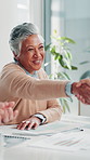 Clapping, contract or woman shaking hands in investment deal for company, meeting or partnership. Mature, business and investor with financial manager for B2B support, handshake and recruitment offer