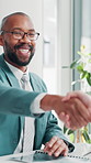 Funding, business and black man shaking hands in agreement for greeting, meeting or partnership. 
Negotiation, investment offer or investor with advisor for B2B support, handshake or recruitment deal