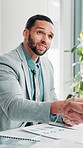 Documents, investment or businessman shaking hands in agreement for accounting, meeting or partnership. 
Negotiation, charts or investor with advisor for finance report, handshake or recruitment deal