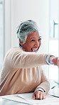 Fist bump, funny and wink with business woman in office for celebration of milestone or success. Goals, motivation and target with mature employee laughing in workplace for achievement or deal