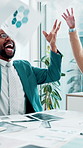 Business, people and throw documents in office for success, celebration and financial achievement. Person, applause and paperwork with good news, company goals and promotion for proposal negotiation