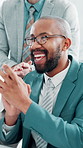 Smile, business man and clapping with audience for celebration, success and achievement at conference. Excited group, cheers and workers applause for support, congratulations and talking in office