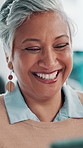 Mature, happy woman and laughing with tablet at office for social media, funny joke or post. Female person, employee or smile with technology or humor for app, connection or network at workplace
