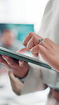 Business, hands and woman in office, tablet and research for economy, budget report and connection. Closeup, accounting or person with tech, internet or digital app for trading, network or investment