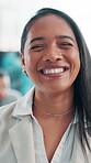 Corporate, face and woman with smile, office and broker with pride for career growth, happy and consultant. Confident, agent and person with ambition for job promotion, employee and insurance company