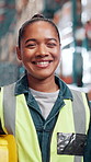 Face, laughing and logistics with woman in warehouse for distribution, shipping or supply chain. Commercial, inventory and stock with funny postal worker in storage depot for freight or packaging