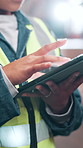 Hands, tablet and typing at warehouse for logistics, schedule and inventory management at plant. Person, digital touchscreen and application with scroll, freight and distribution for supply chain