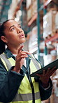 Woman, tablet and shelf at warehouse for inspection, stock check and inventory management at plant. Person, digital touchscreen and app with counting, distribution and logistics for supply chain job
