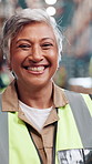 Face, funny and logistics with woman in warehouse for distribution, shipping or supply chain. Commercial, laughing and stock with mature postal worker in storage depot for freight or packaging