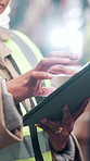 Hands, tablet and typing for supply chain with logistics, schedule and inventory management at plant. Person, digital touchscreen and application with scroll, freight and distribution at warehouse