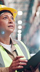 Inspection, inventory and tablet with woman in warehouse for logistics, shipping or supply chain company. Checklist, industry and stock with mature person in depot for distribution or packaging