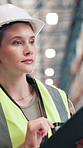 Checklist, inspection and tablet with woman in warehouse for logistics, shipping or supply chain company. Counting, inventory and stock with person in storage depot for distribution or packaging