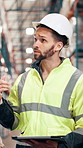 Man, contractor and meeting with tablet for logistics, supply chain or distribution at warehouse. Male person, employee or talking with team or technology for inventory, stock or storage control