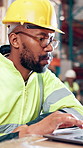 Man, logistics and contractor with laptop at warehouse for shipping, inventory or inspection. Male person, distributor or supplier with computer for storage control, distribution or supply chain