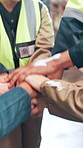 Happy people, logistics or team with hands together at warehouse for distribution service or success. Excited, group or employees piling with applause for supply chain, motivation or winning at depot