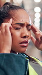 Frustrated woman, contractor or headache with stress at warehouse for supply chain crisis. Female person, employee or migraine with anxiety in logistics for pressure, storage deadline or mistake