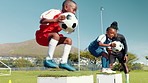 Sports field, coach and children with soccer ball, jumping and energy for routine in morning or practice. Outdoor, athlete and man with timer for training, cardio and fitness for competition or match