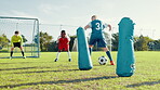 Children, net and ball for soccer on field for match practice, start training and fitness exercise. Kids, teamwork and dribble with equipment, sports workout and game challenge with skills technique