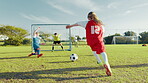 Goal, soccer and running with kids on field for training, sports athlete and fitness. Tournament game, contest and winner with football player on outdoor pitch for club, target and challenge