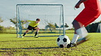 Boy, kick and ball for sports goal with team training, exercise and soccer competition. Children, goalkeeping and workout for scoring target, match tournament and learning skills with rival challenge