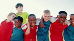 Soccer, team and face of boys on field for training, exercise and exercise hug for support and solidarity. Sports, friends and portrait of kids outdoor for playing game, winning match and tournament