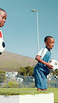 Black boys, jumping and ball for soccer practice for agility training, balance exercise and sports workout. Kids, box and equipment for playing game, learning skills and team fitness for match drill