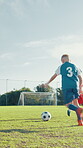 Goal, coaching and soccer ball with children on field for score, training practice and game. Sports, exercise and tournament with kids on outdoor pitch for football player, target and learning