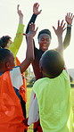 Coach, soccer players and children on field, celebration and energy with support, excited and training. Winning, cheering and kids with teamwork, success or victory with sports, practice or fitness