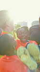 Children, soccer player and celebration for win, outdoor and excited for achievement, athlete or smile. Sports field, kids and victory for group, champion and success for football, youth or happiness