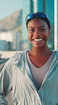 Black woman, face and happy for fitness in city with pride for training, running and confident in summer. Person, outdoor and happy in portrait for workout, exercise and ready on urban road in Kenya