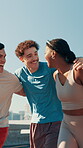 Friends, laughing and hug for fitness, wellness challenge and training for marathon on bridge. Woman, men and running people with endurance for exercise, cardio and morning jog on road with workout