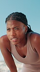 Fitness, black woman and tired with breathing in city for exercise fatigue, running recovery and cardio burnout. Break, athlete and sweating for endurance challenge, marathon performance or exhausted